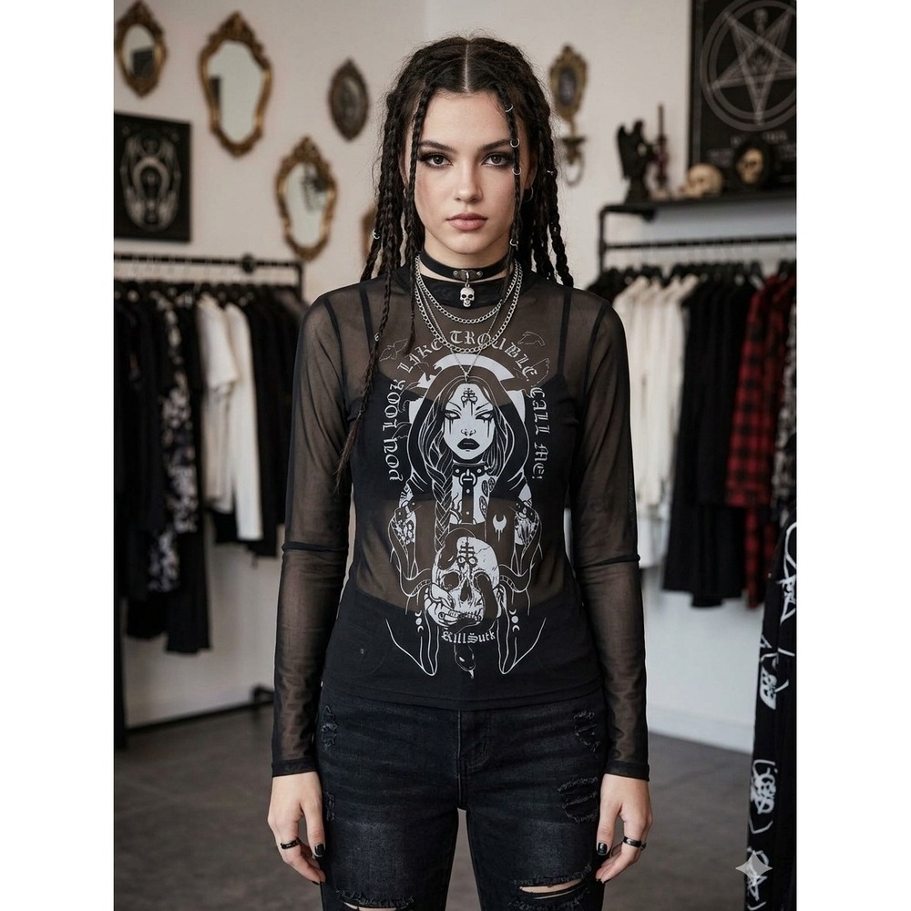 Killstar You Look Like Trouble Mesh Top Black Gothic Graphic Long Sleeve L